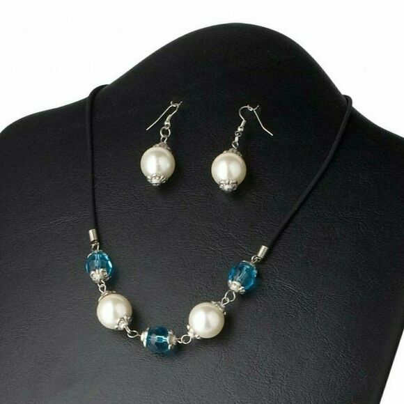 Turquoise Blue and White Glass Pearl Faceted Beads Necklace Earrings Jewelry Set - Picture 1 of 1